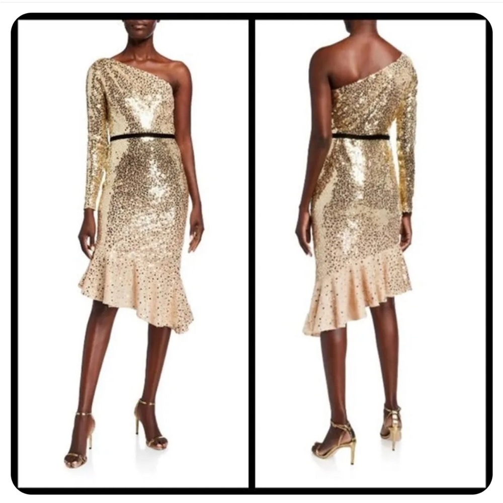 NWT Marchesa Notte Glitter Ruffle Asymmetric Cocktail Dress